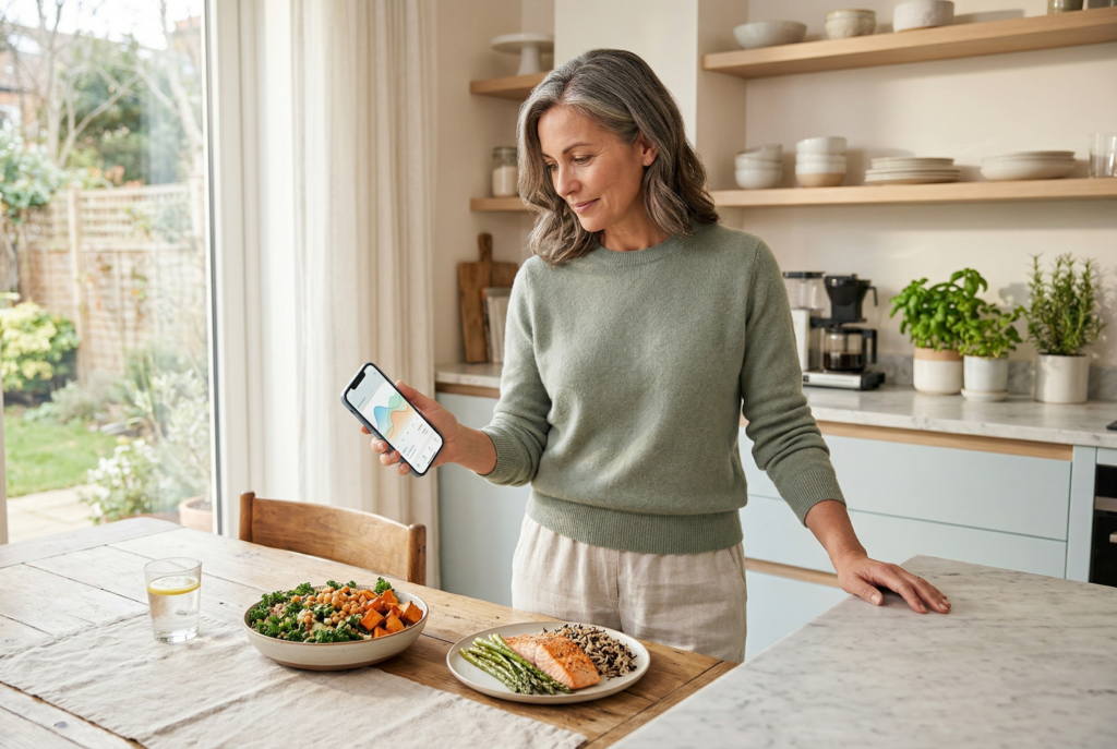 Midlife woman in a bright kitchen reviewing health data on her phone while comparing healthy meal choices